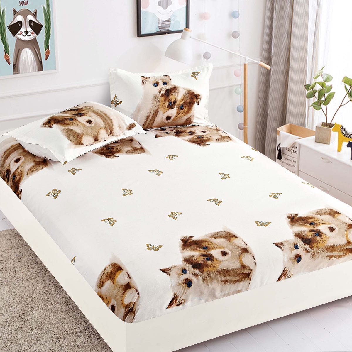 Husă de Pat cu Elastic din Finet + 2 Fețe de Pernă – Set 3 Piese, 180x200 cm – Pisică și Cățel