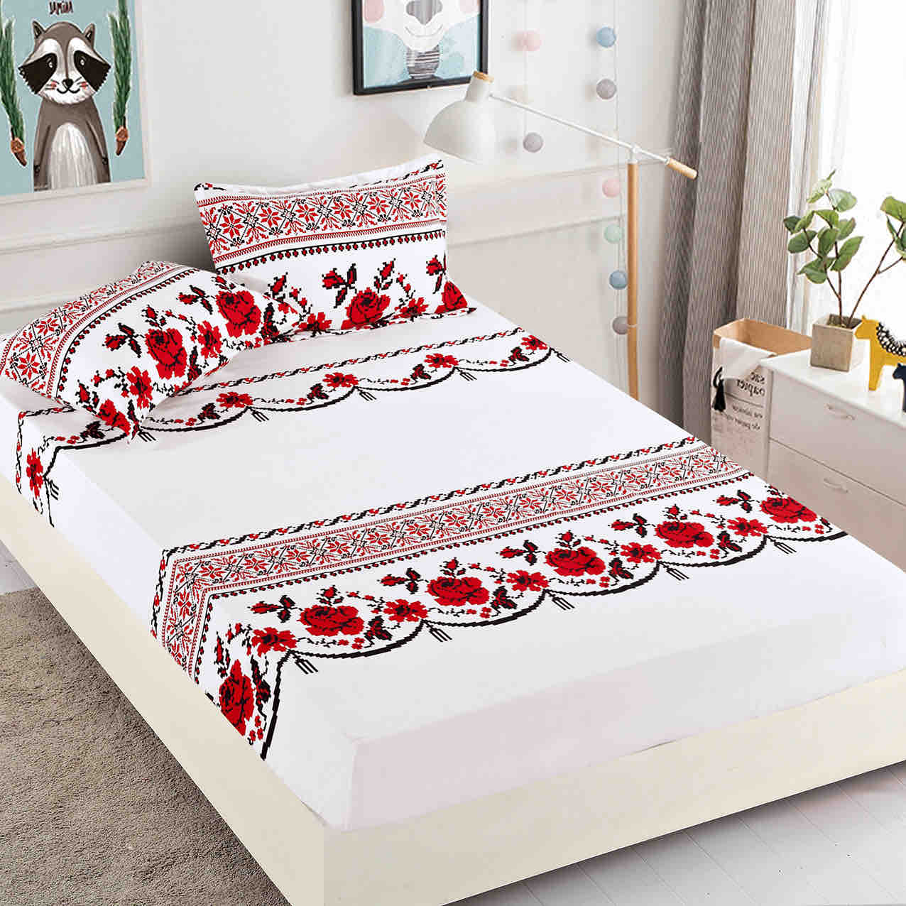 Husă de Pat cu Elastic din Finet + 2 Fețe de Pernă – Set 3 Piese, 180x200 cm – Trandafir Românesc