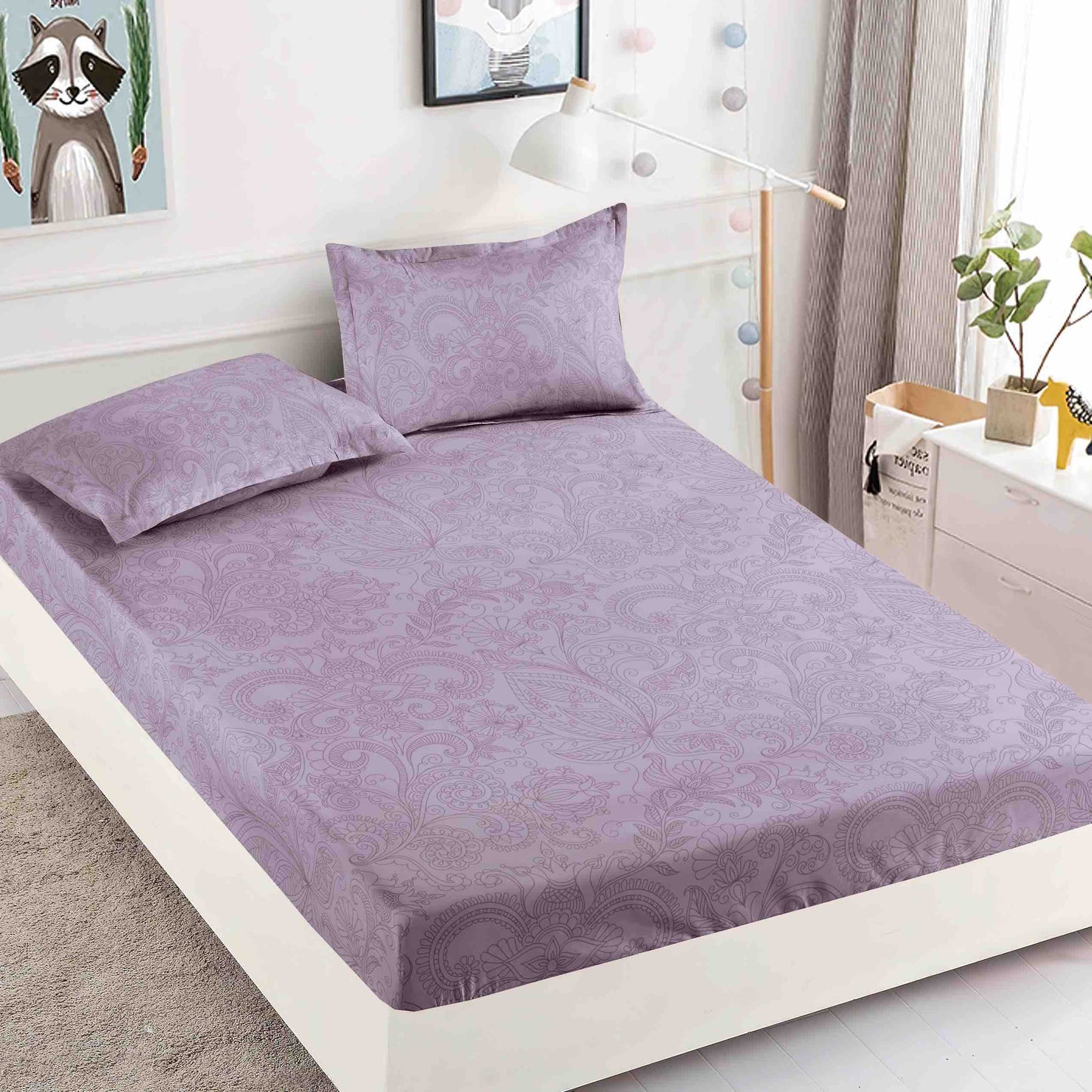 Husă de Pat cu Elastic din Finet + 2 Fețe de Pernă – Set 3 Piese, 180x200 cm – Lavandă Regală
