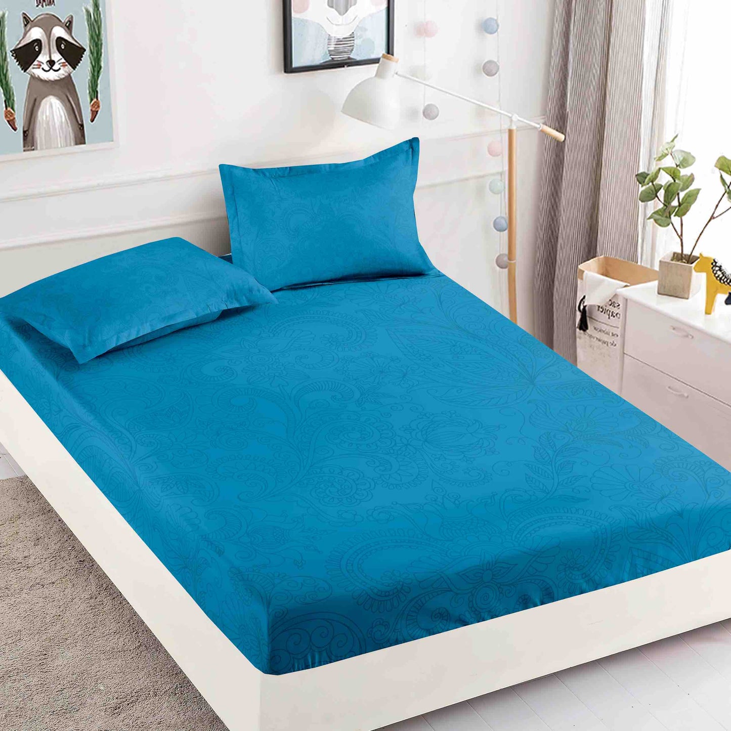 Husă de Pat cu Elastic din Finet + 2 Fețe de Pernă – Set 3 Piese, 180x200 cm – Turcoaz Regal