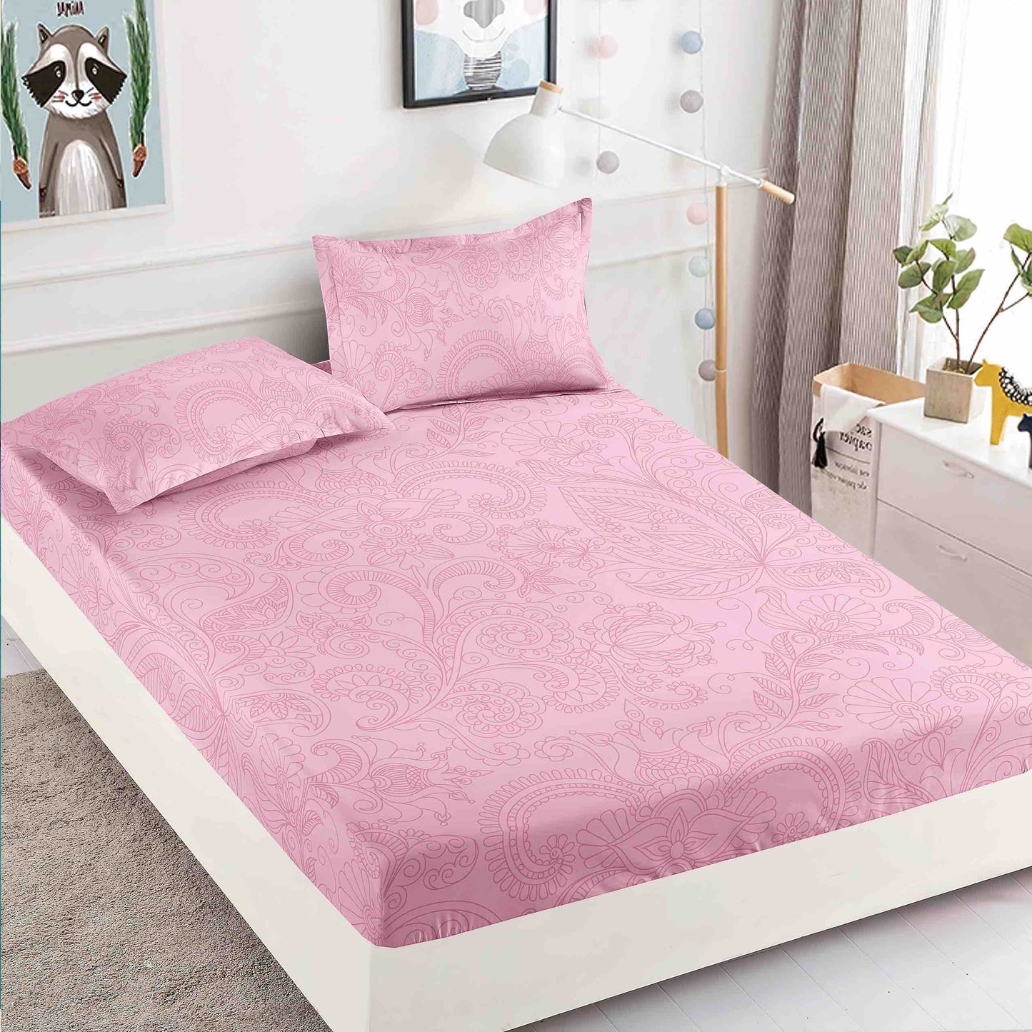 Husă de Pat cu Elastic din Finet + 2 Fețe de Pernă – Set 3 Piese, 180x200 cm – Roz Pudră