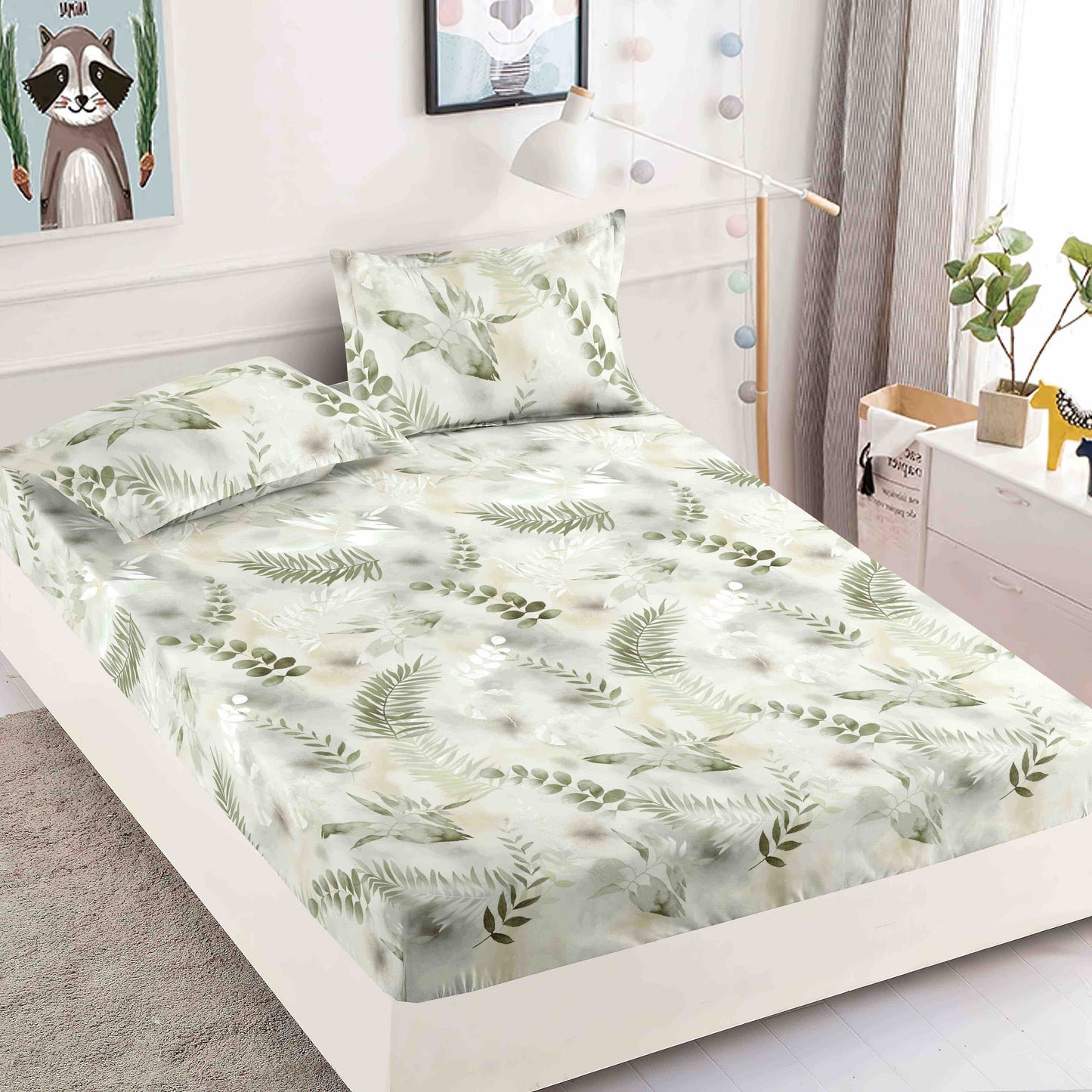 Husă de Pat cu Elastic din Finet + 2 Fețe de Pernă – Set 3 Piese, 180x200 cm – Eucalipt