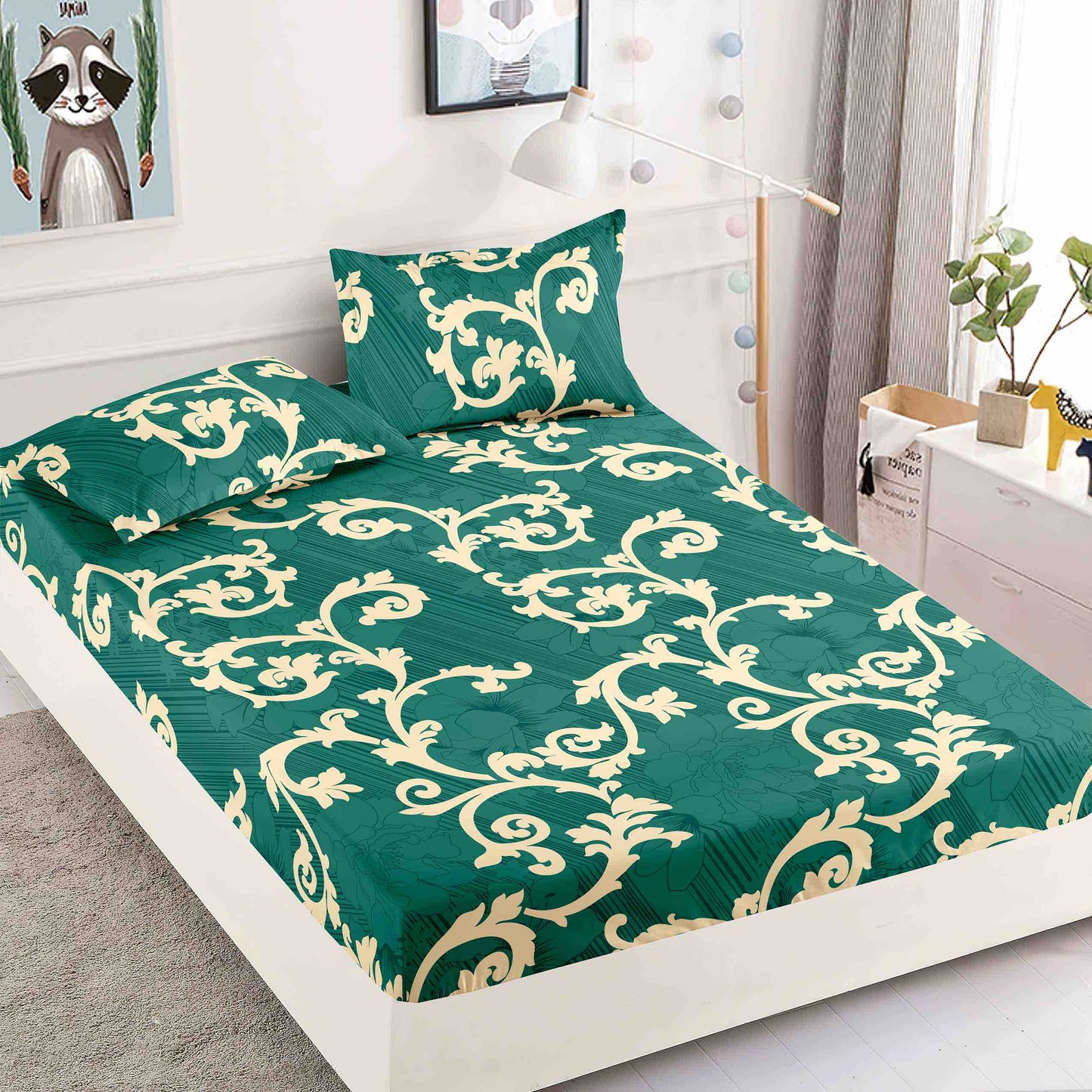 Husă de Pat cu Elastic din Finet + 2 Fețe de Pernă – Set 3 Piese, 180x200 cm – Smarald Regal