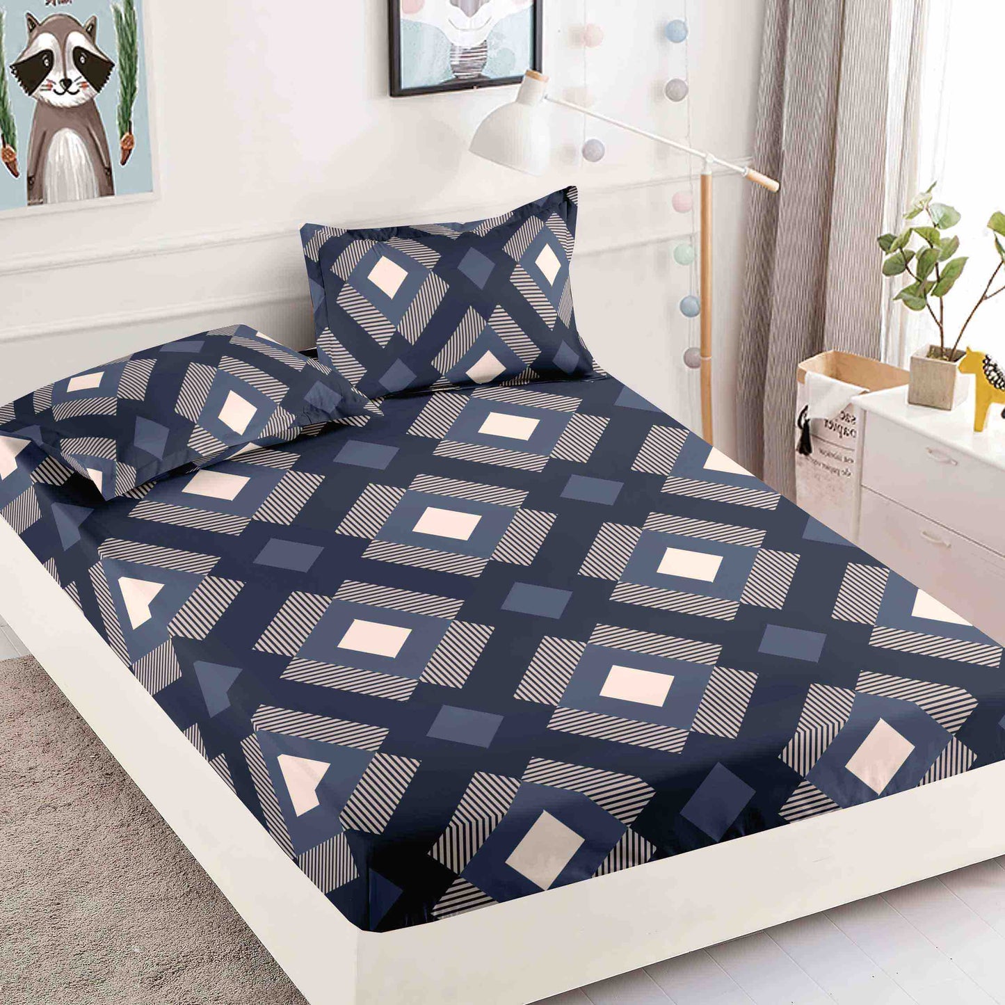 Husă de Pat cu Elastic din Finet + 2 Fețe de Pernă – Set 3 Piese, 180x200 cm – Mozaic Bleumarin