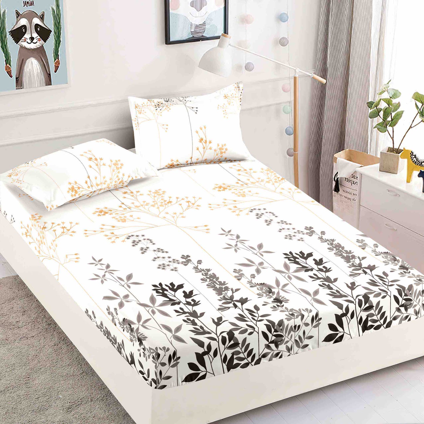 Husă de Pat cu Elastic din Finet + 2 Fețe de Pernă – Set 3 Piese, 180x200 cm – Frunze