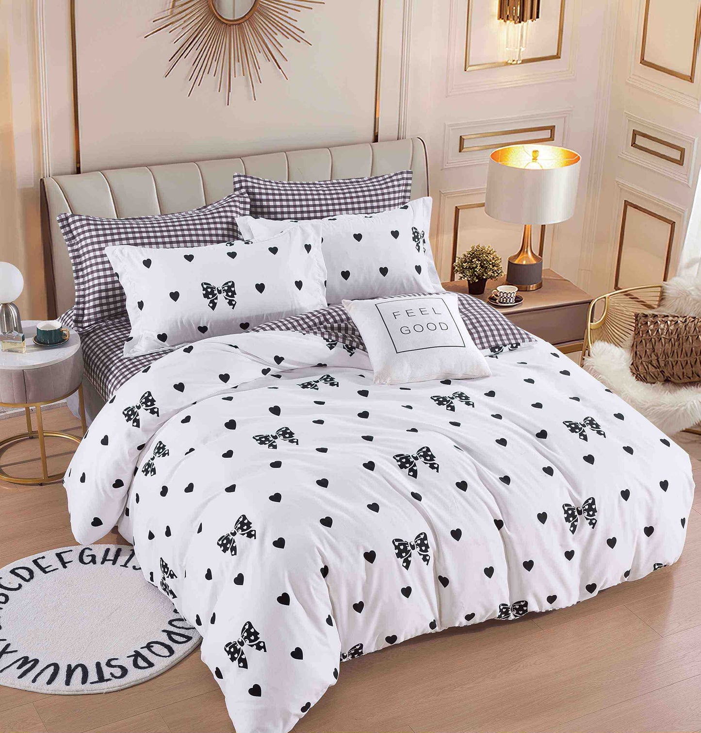 Set Lenjerie de Pat din Bumbac Tip Finet, Fără Elastic – 6 Piese – Fundițe Negre