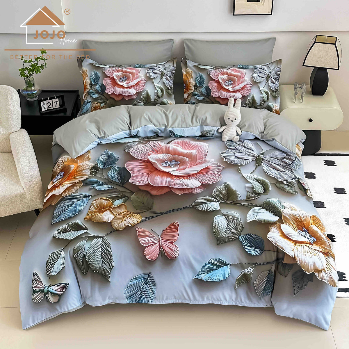 Lenjerie de Pat Finet 5D cu Cearșaf Elastic 180×200 cm – 6 Piese – Flori și Fluturi