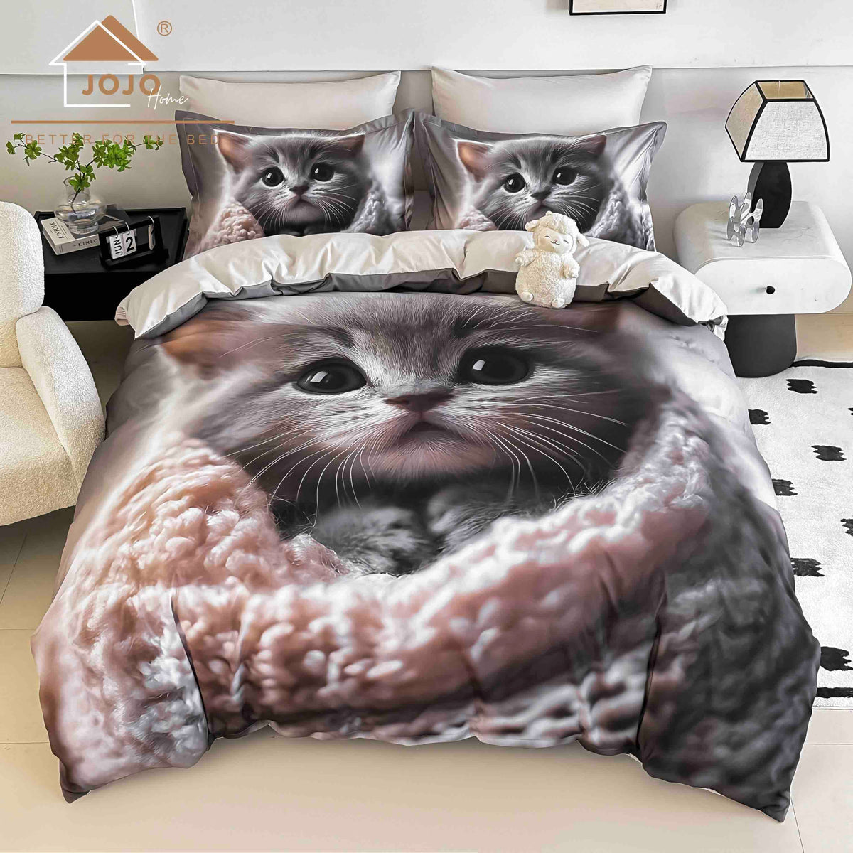 Lenjerie de Pat Finet 5D cu Cearșaf Elastic 180×200 cm – 6 Piese – Pisicuță în Pătură