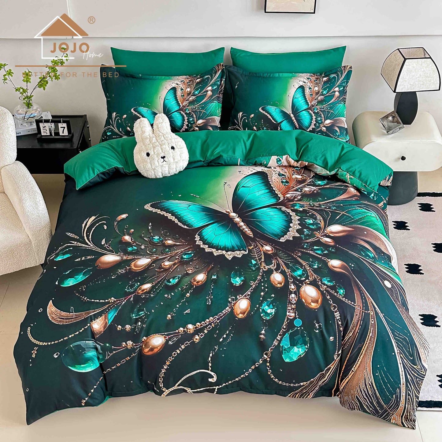 Lenjerie de Pat Finet 5D cu Cearșaf Elastic 180×200 cm – 6 Piese – Fluture de Smarald