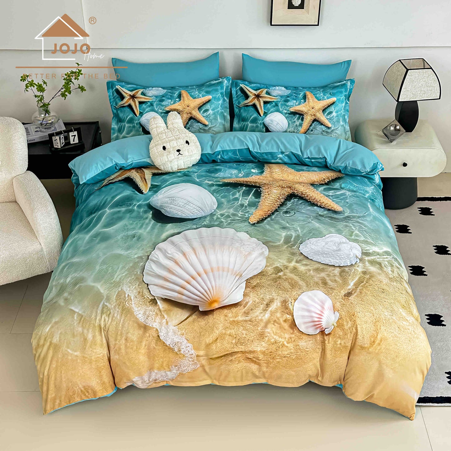 Lenjerie de Pat Finet 5D cu Cearșaf Elastic 180×200 cm – 6 Piese – Scoici de Mare