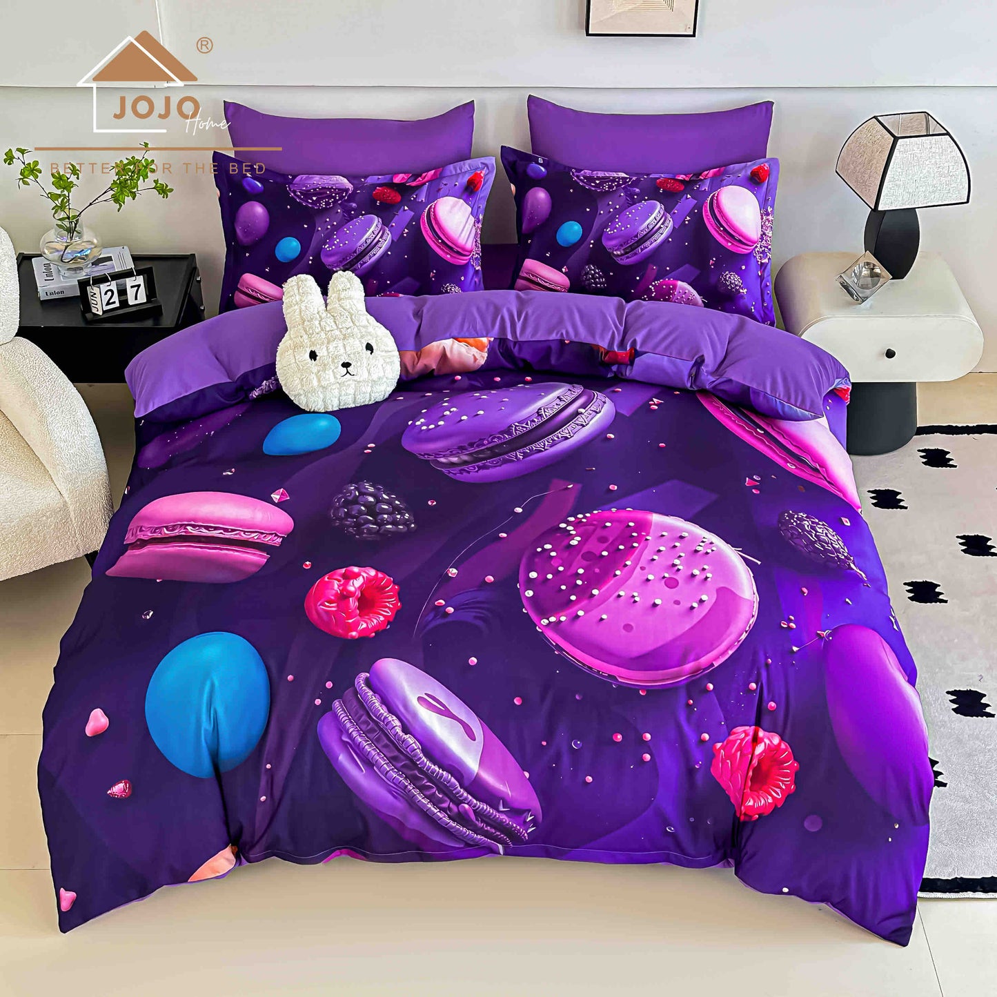 Lenjerie de Pat Finet 5D cu Cearșaf Elastic 180×200 cm – 6 Piese – Macarons Mov