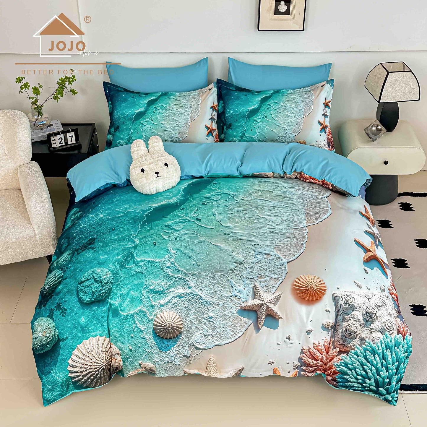 Lenjerie de Pat Finet 5D cu Cearșaf Elastic 180×200 cm – 6 Piese – Plajă Turcoaz