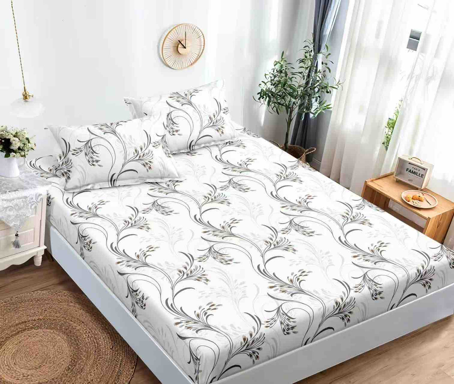 Husă de Pat cu Elastic din Finet + 2 Fețe de Pernă – Set 3 Piese, 180x200 cm – Eleganță Albă