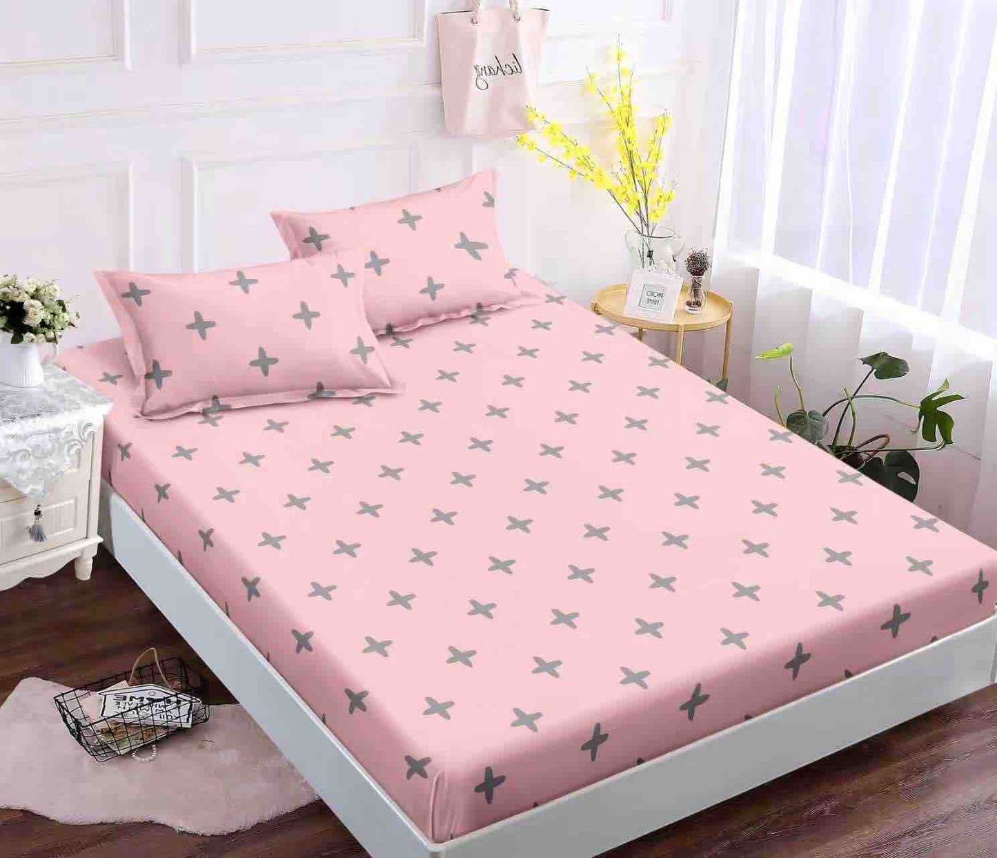 Husă de Pat cu Elastic din Finet + 2 Fețe de Pernă – Set 3 Piese, 180x200 cm – Roz Minimalist