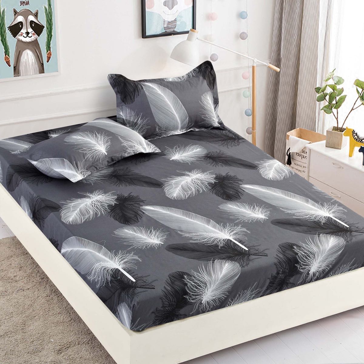 Husă de Pat cu Elastic din Finet + 2 Fețe de Pernă – Set 3 Piese, 180x200 cm – Pene gri