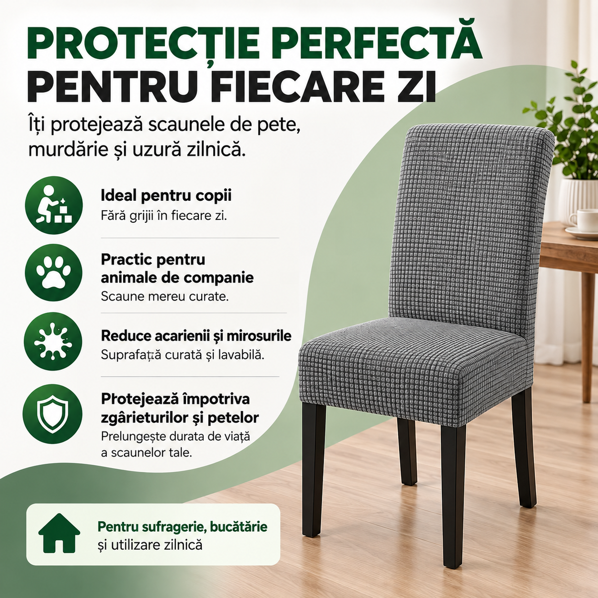Set 6 Huse Elastice Premium pentru Scaune – Universale, Moi și Ușor de Montat