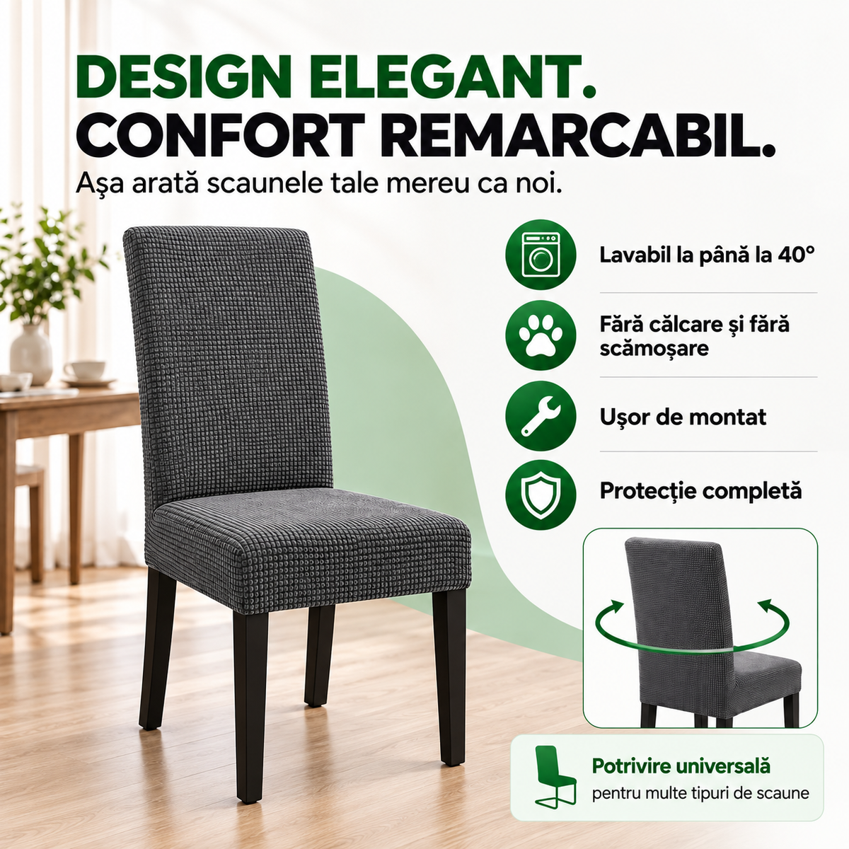 Set 6 Huse Elastice Premium pentru Scaune – Universale, Moi și Ușor de Montat