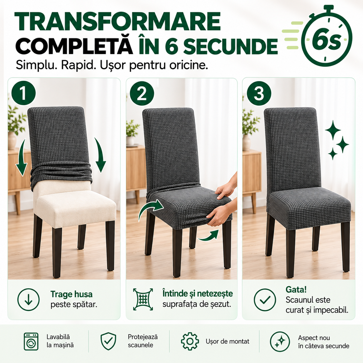 Set 6 Huse Elastice Premium pentru Scaune – Universale, Moi și Ușor de Montat