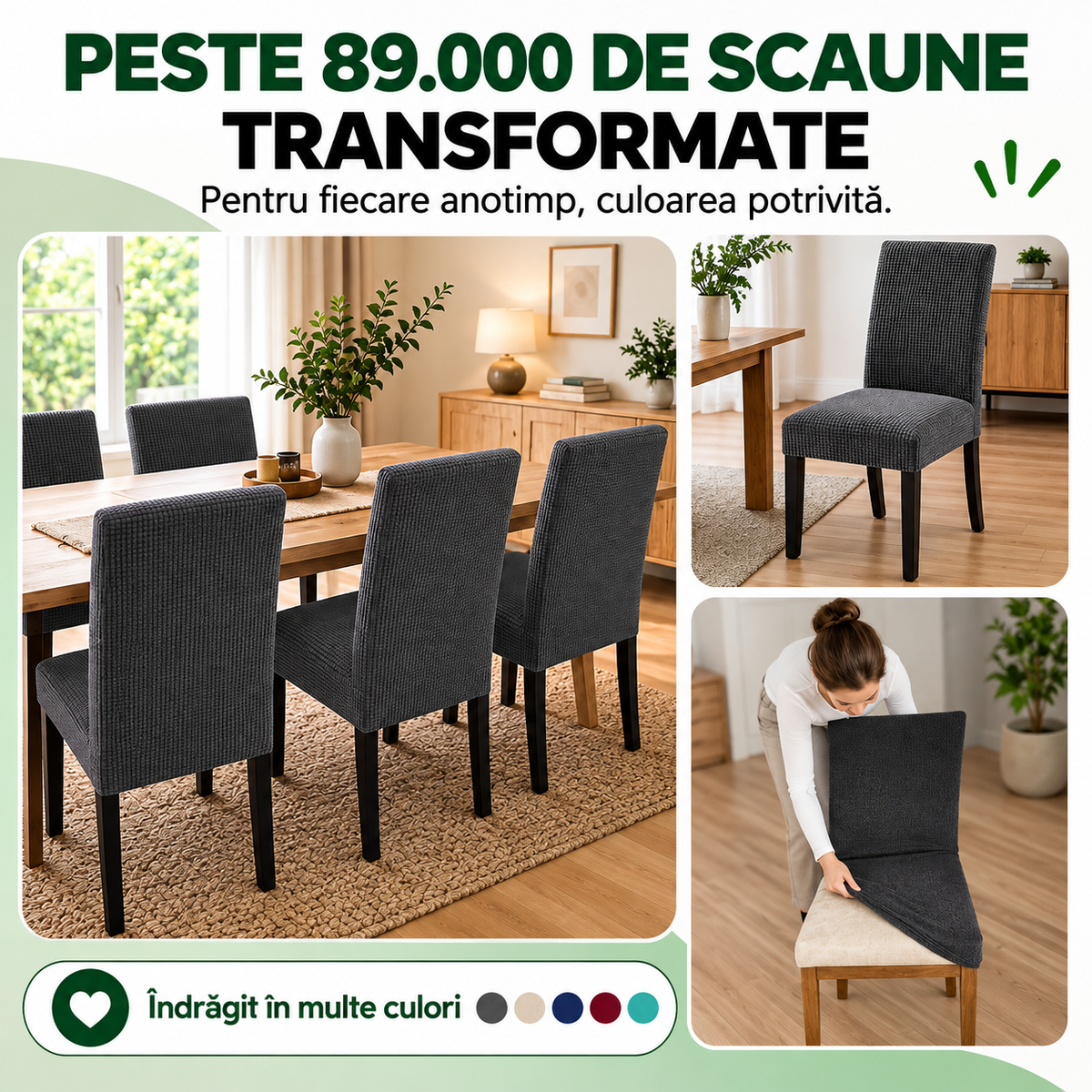 Set 6 Huse Elastice Premium pentru Scaune – Universale, Moi și Ușor de Montat