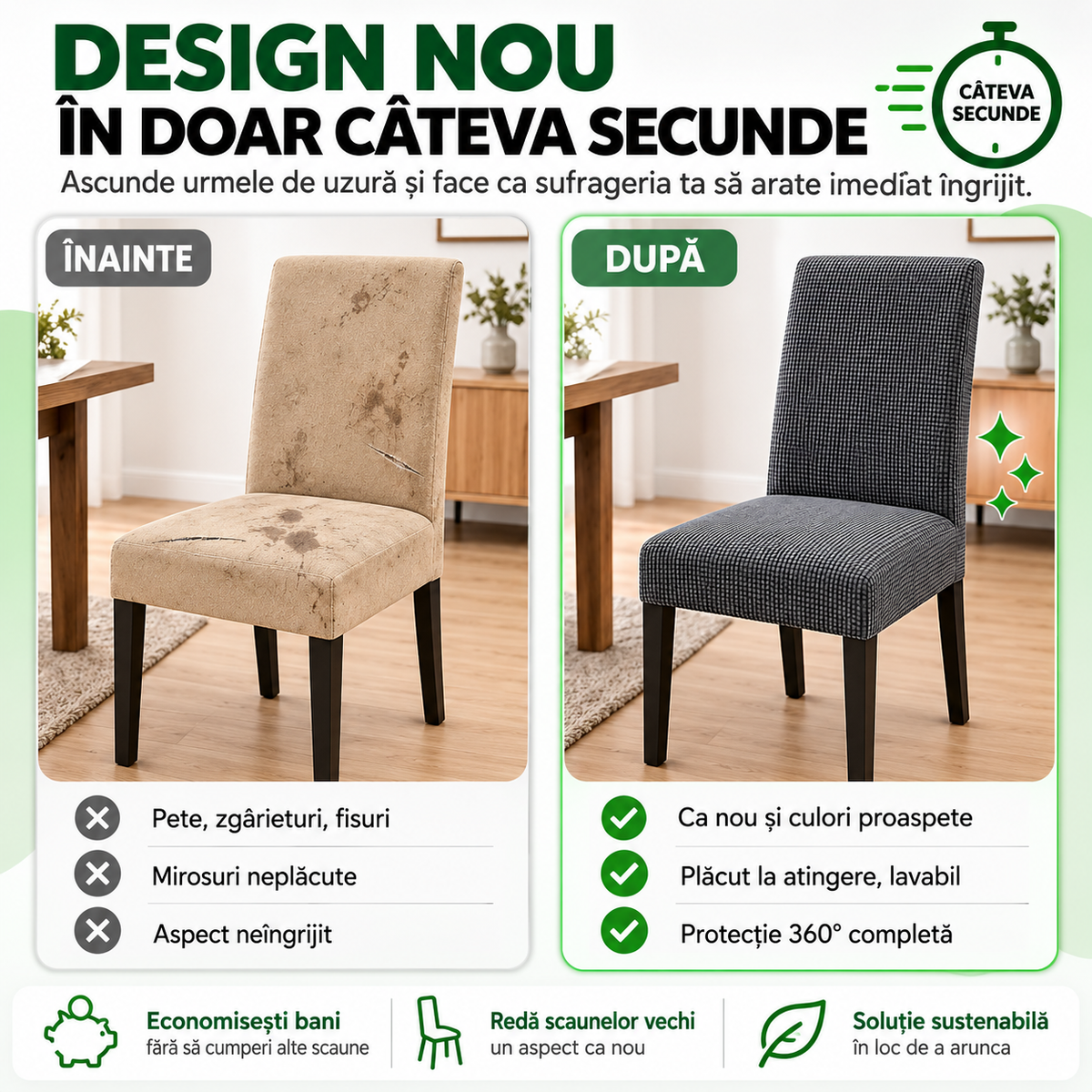 Set 6 Huse Elastice Premium pentru Scaune – Universale, Moi și Ușor de Montat