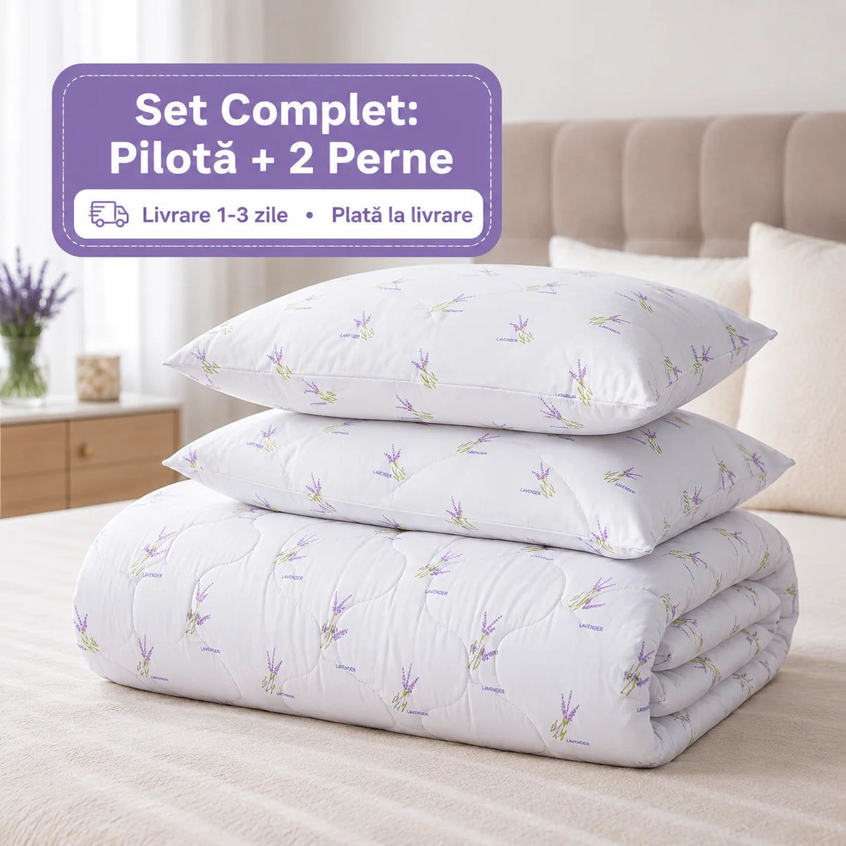 Set Pilotă Lavender 200×220 cm + 2 Perne 50×70 cm