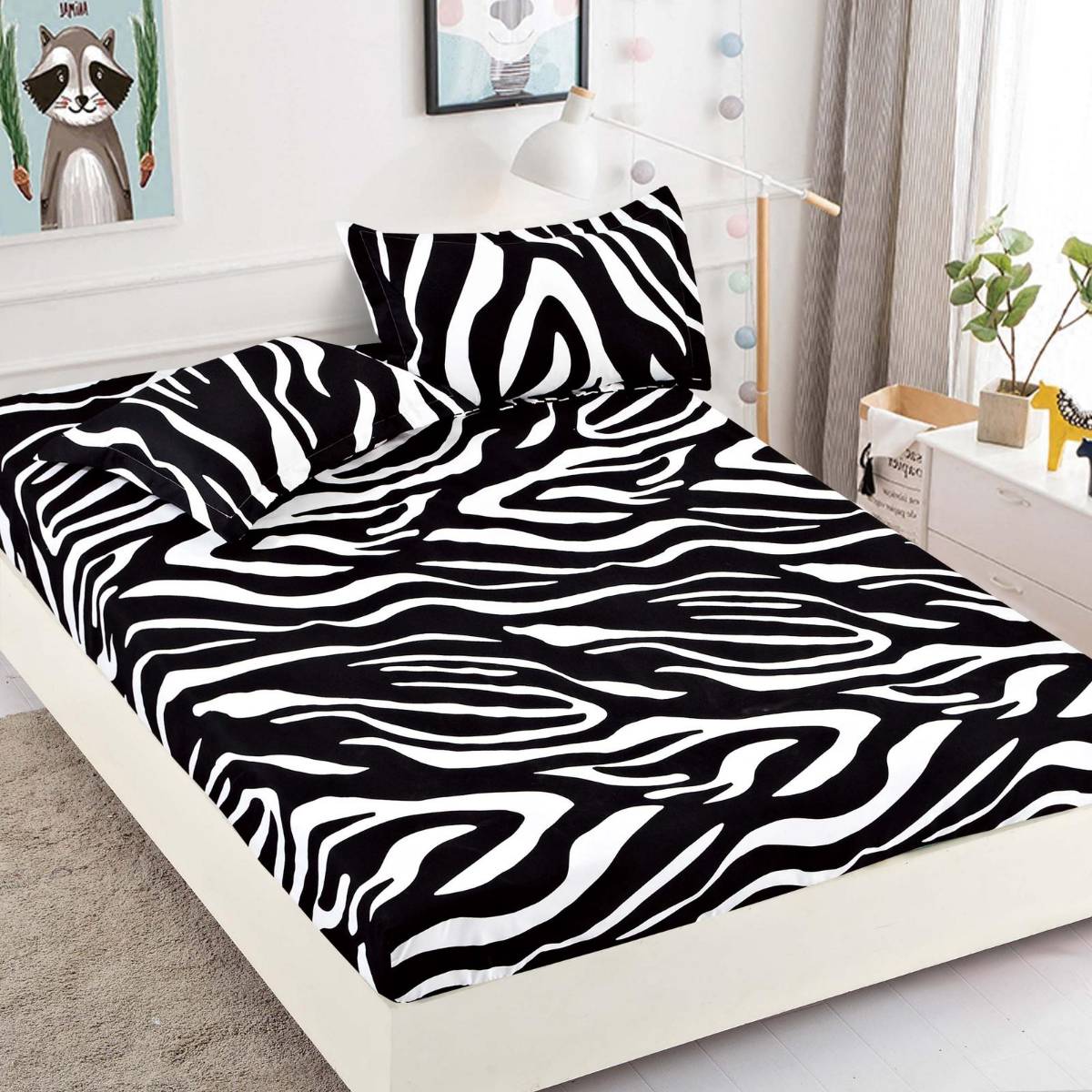 Husă de Pat cu Elastic din Finet + 2 Fețe de Pernă – Set 3 Piese, 180x200 cm – Zebra