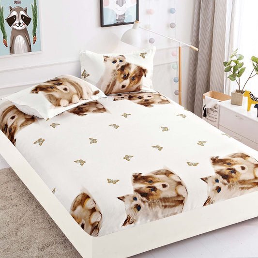 Husă de Pat cu Elastic din Finet + 2 Fețe de Pernă – Set 3 Piese, 180x200 cm – Pisică și Cățel