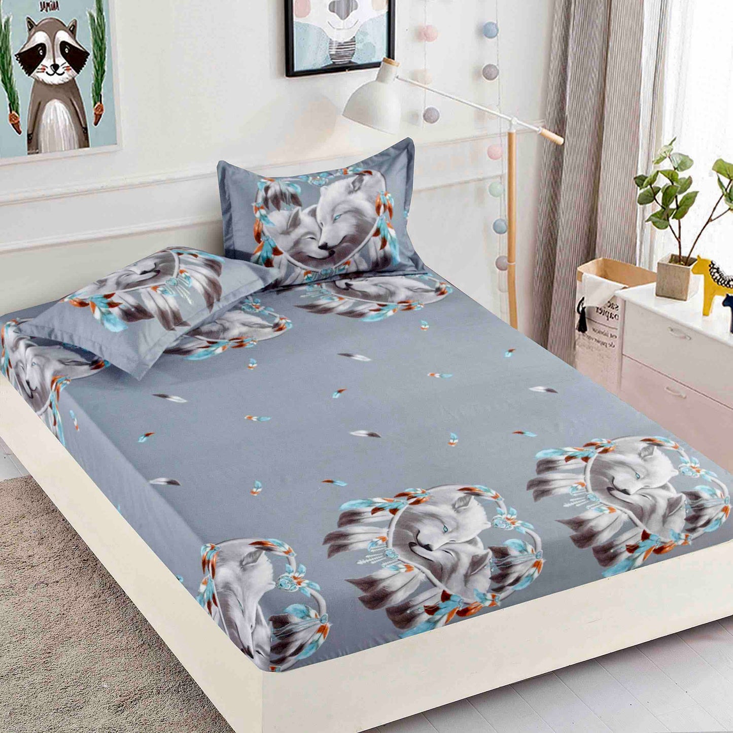Husă de Pat cu Elastic din Finet + 2 Fețe de Pernă – Set 3 Piese, 180x200 cm – Lupii