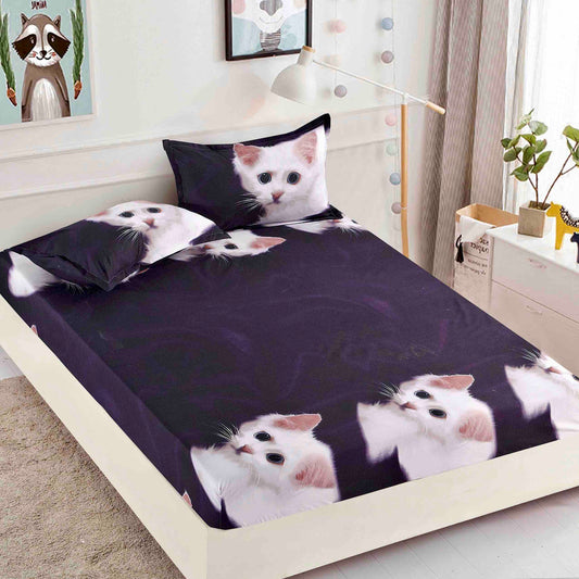 Husă de Pat cu Elastic din Finet + 2 Fețe de Pernă – Set 3 Piese, 180x200 cm – Pisicuța Albă