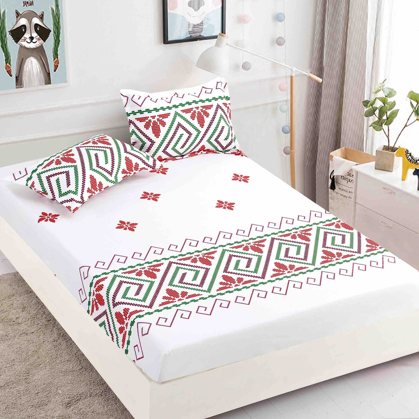 Husă de Pat cu Elastic din Finet + 2 Fețe de Pernă – Set 3 Piese, 180x200 cm – Tradițional Verde