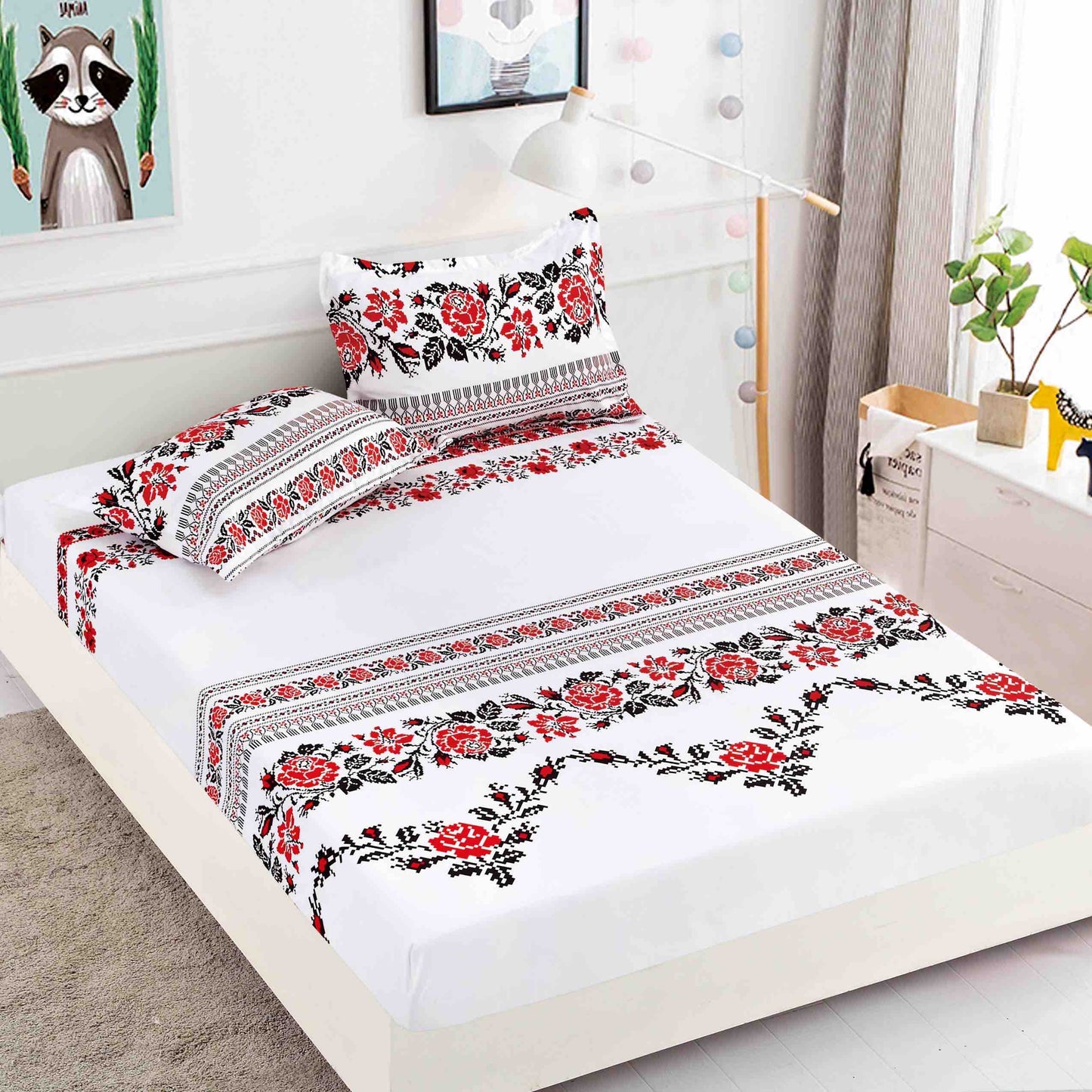 Husă de Pat cu Elastic din Finet + 2 Fețe de Pernă – Set 3 Piese, 180x200 cm – Trandafiri Tradiționali