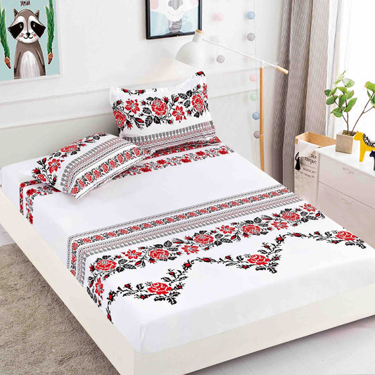 Husă de Pat cu Elastic din Finet + 2 Fețe de Pernă – Set 3 Piese, 180x200 cm – Trandafiri Tradiționali
