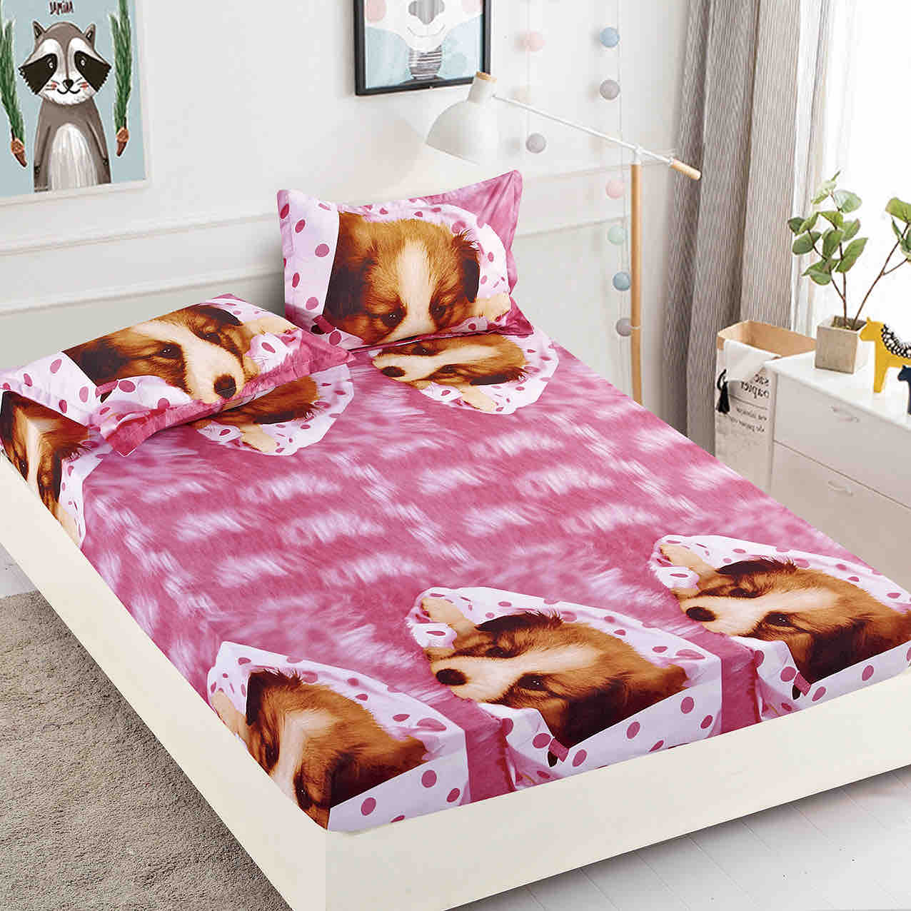 Husă de Pat cu Elastic din Finet + 2 Fețe de Pernă – Set 3 Piese, 180x200 cm – Cățeluș Somnoros