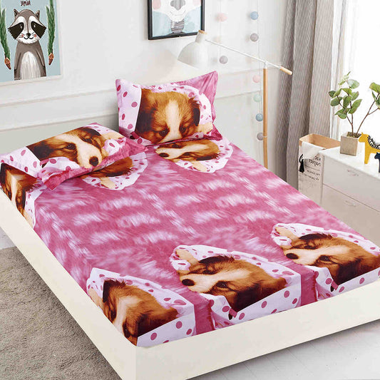 Husă de Pat cu Elastic din Finet + 2 Fețe de Pernă – Set 3 Piese, 180x200 cm – Cățeluș Somnoros
