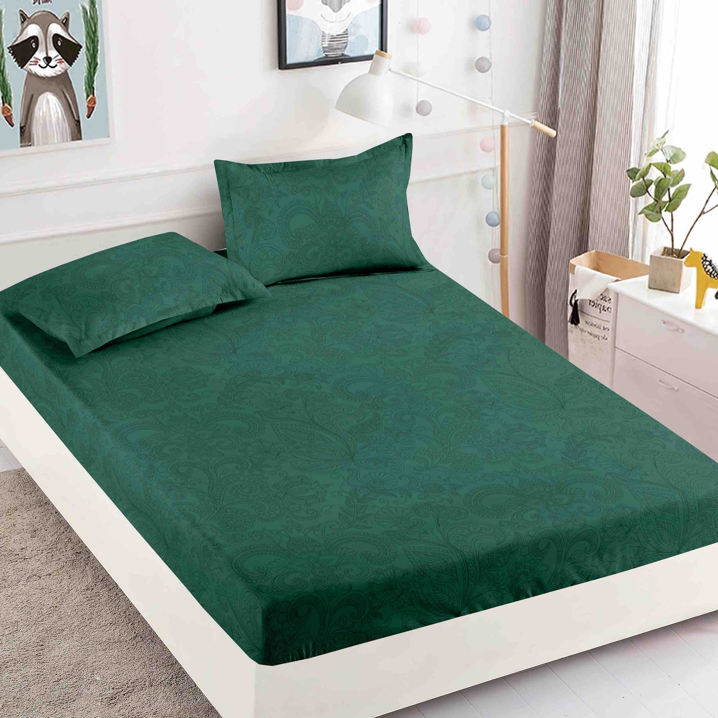 Husă de Pat cu Elastic din Finet + 2 Fețe de Pernă – Set 3 Piese, 180x200 cm – Verde Elegant