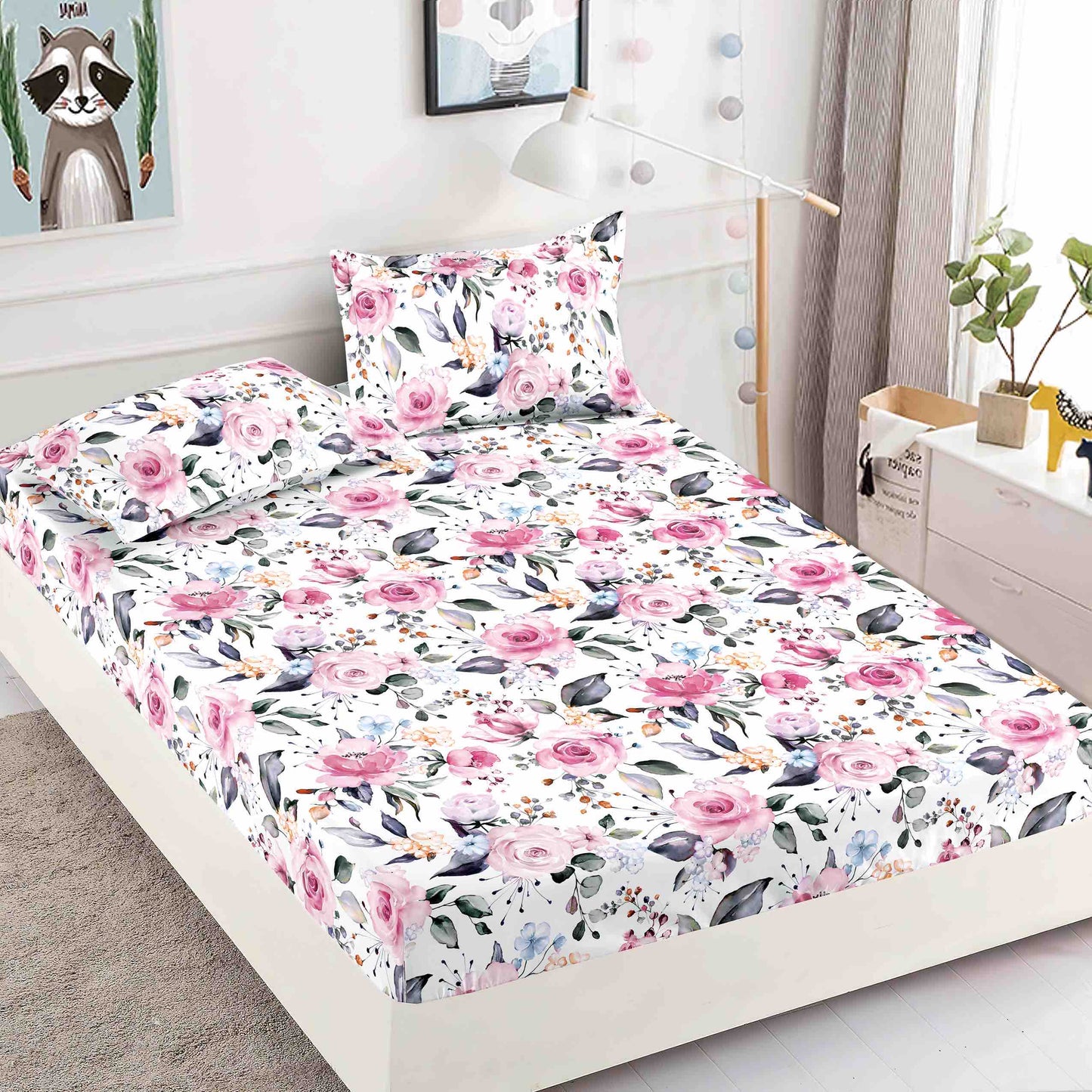 Husă de Pat cu Elastic din Finet + 2 Fețe de Pernă – Set 3 Piese, 180x200 cm – Trandafiri Roz