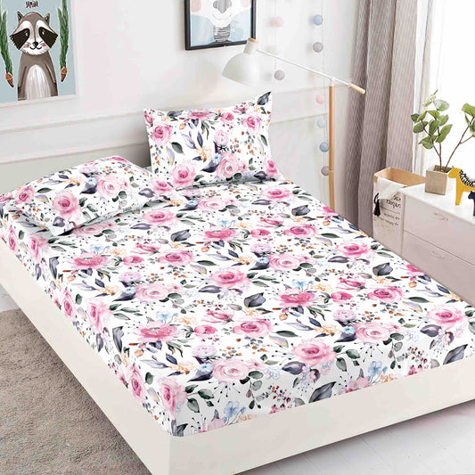 Husă de Pat cu Elastic din Finet + 2 Fețe de Pernă – Set 3 Piese, 180x200 cm – Trandafiri Roz