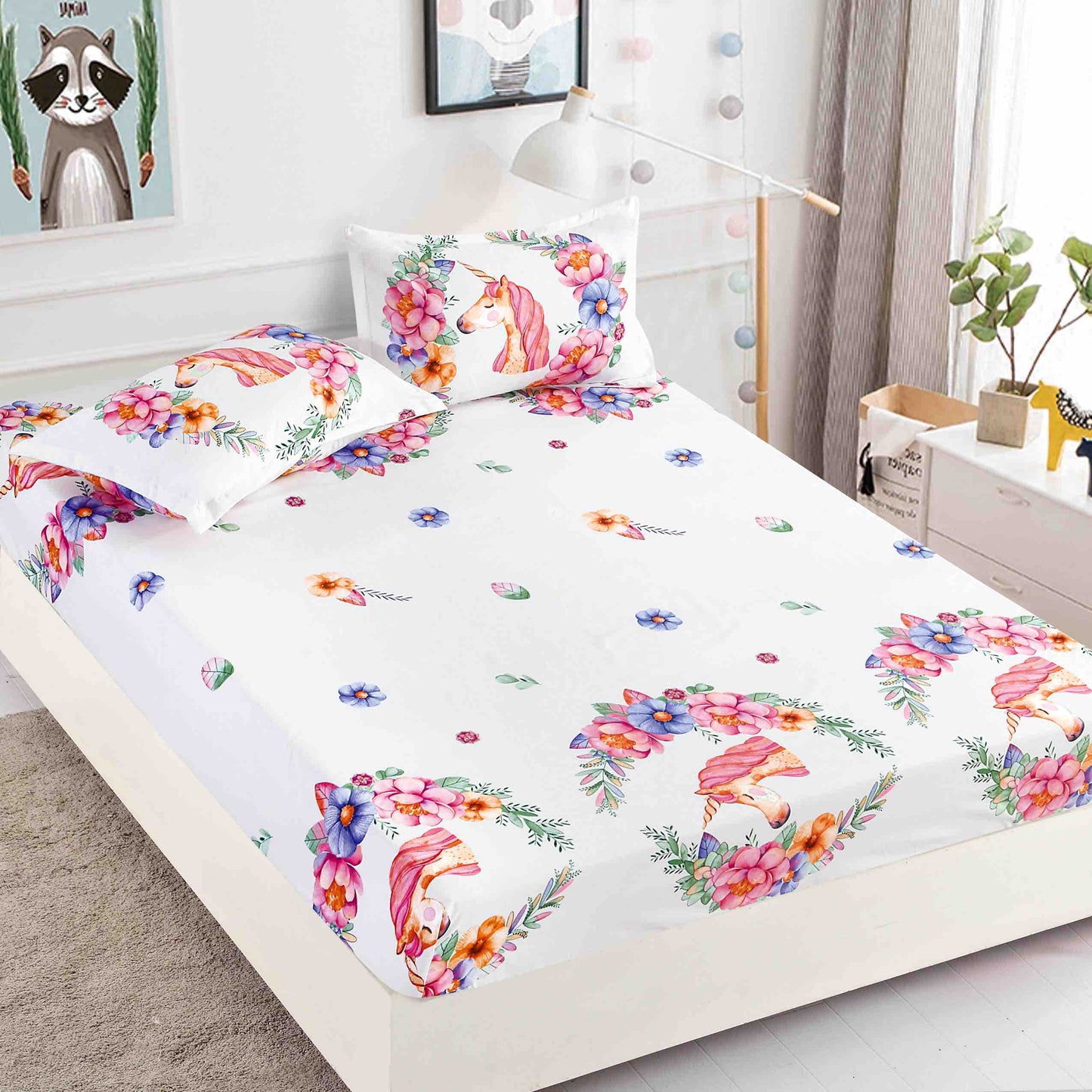 Husă de Pat cu Elastic din Finet + 2 Fețe de Pernă – Set 3 Piese, 180x200 cm – Unicorn