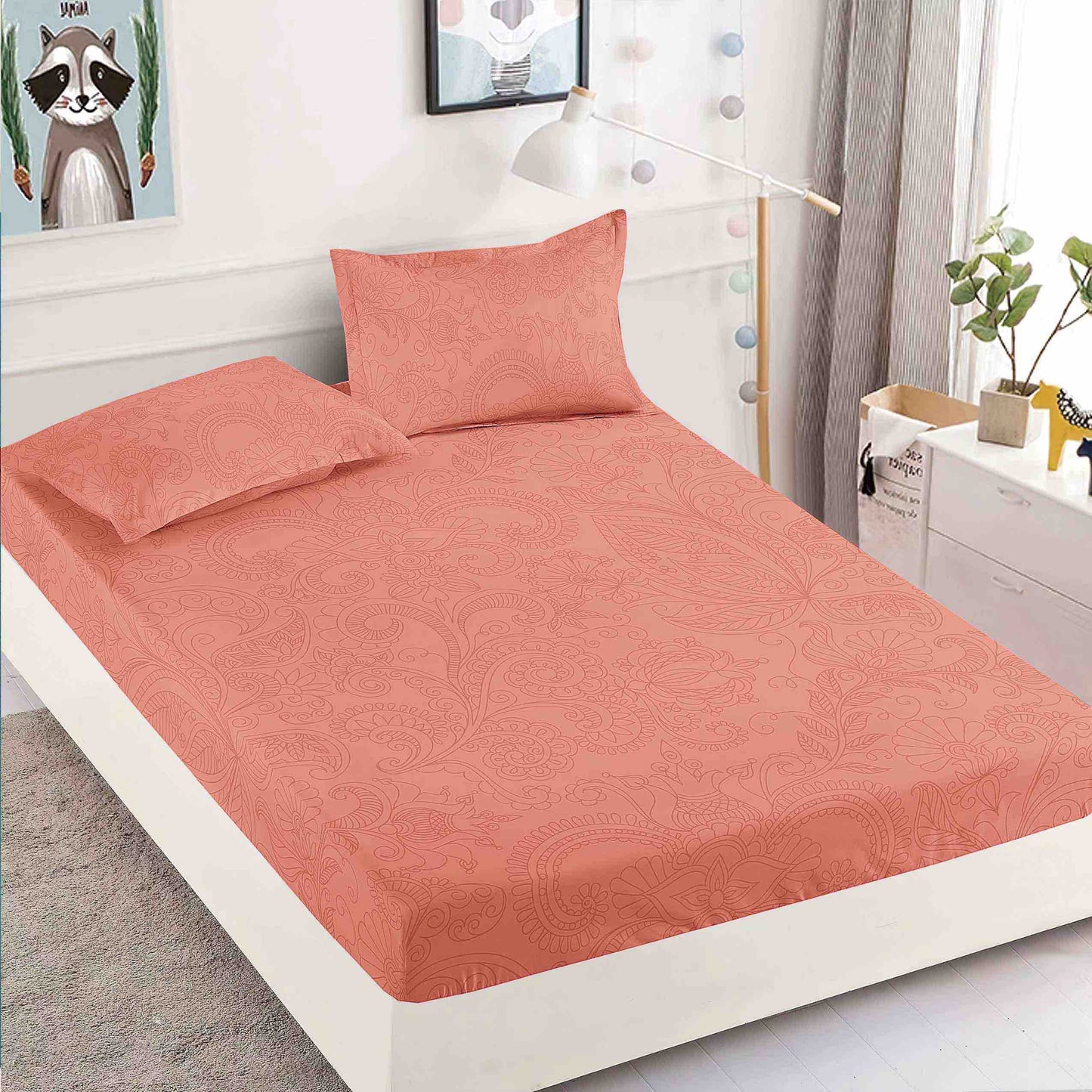 Husă de Pat cu Elastic din Finet + 2 Fețe de Pernă – Set 3 Piese, 180x200 cm – Piersică