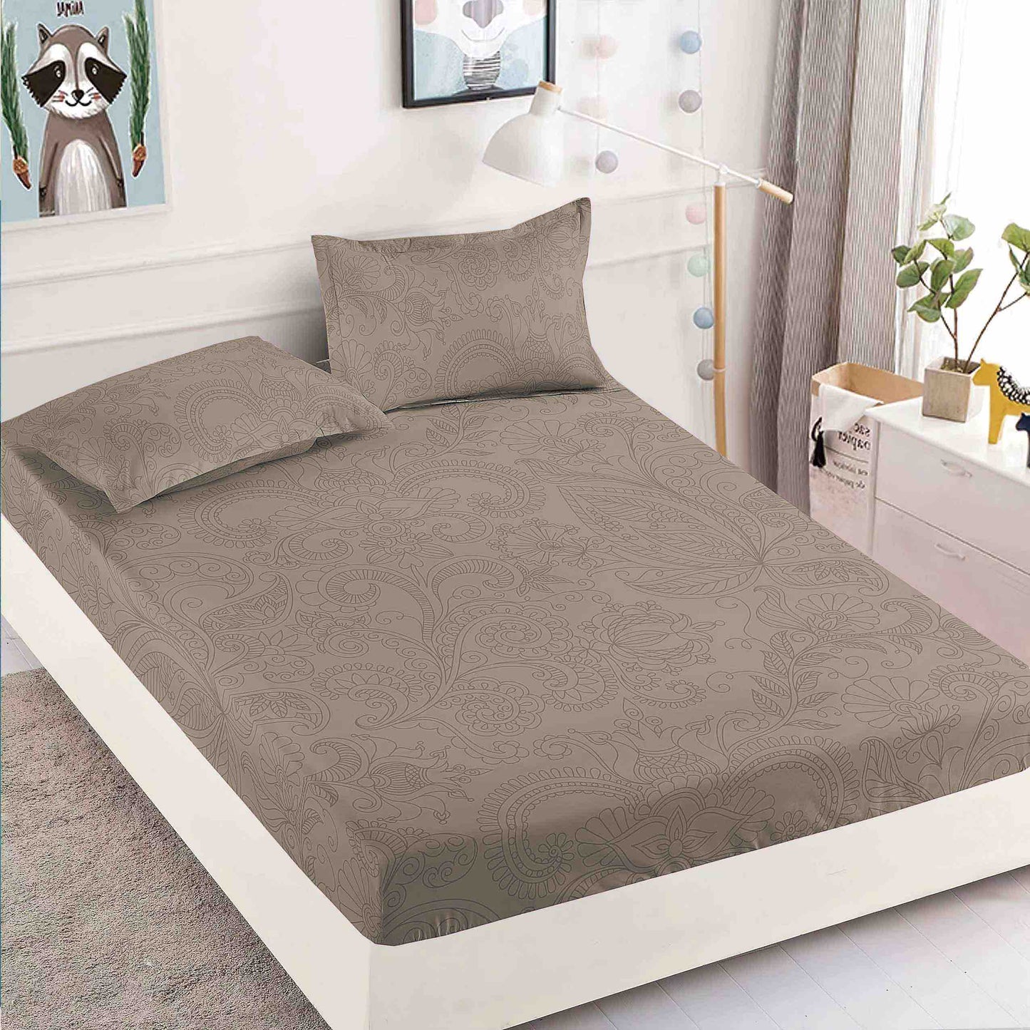 Husă de Pat cu Elastic din Finet + 2 Fețe de Pernă – Set 3 Piese, 180x200 cm – Taupe