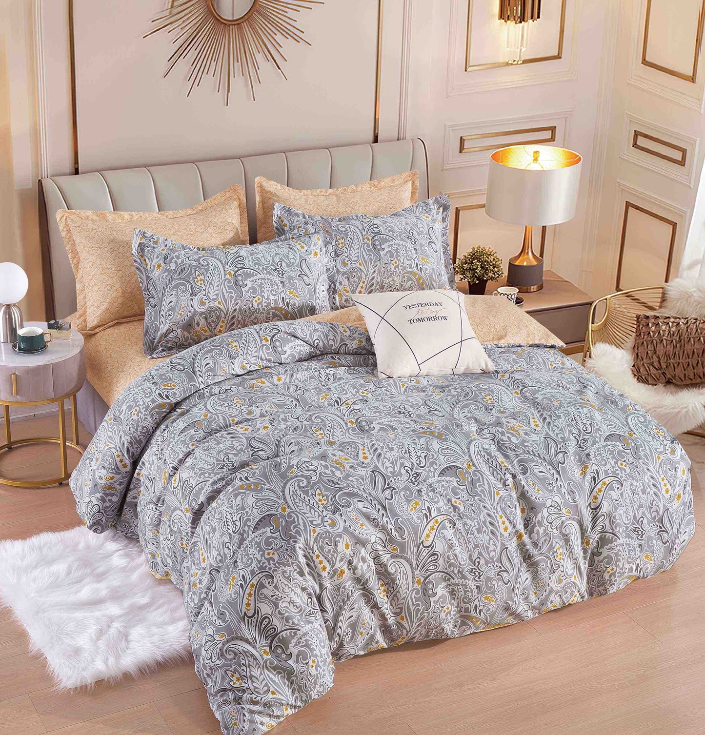Set Lenjerie de Pat din Bumbac Tip Finet, Fără Elastic – 6 Piese – Paisley Argintiu