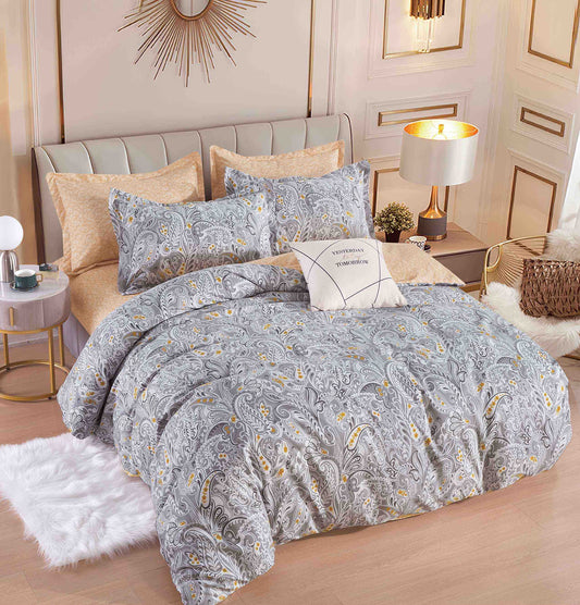 Set Lenjerie de Pat din Bumbac Tip Finet, Fără Elastic – 6 Piese – Paisley Argintiu