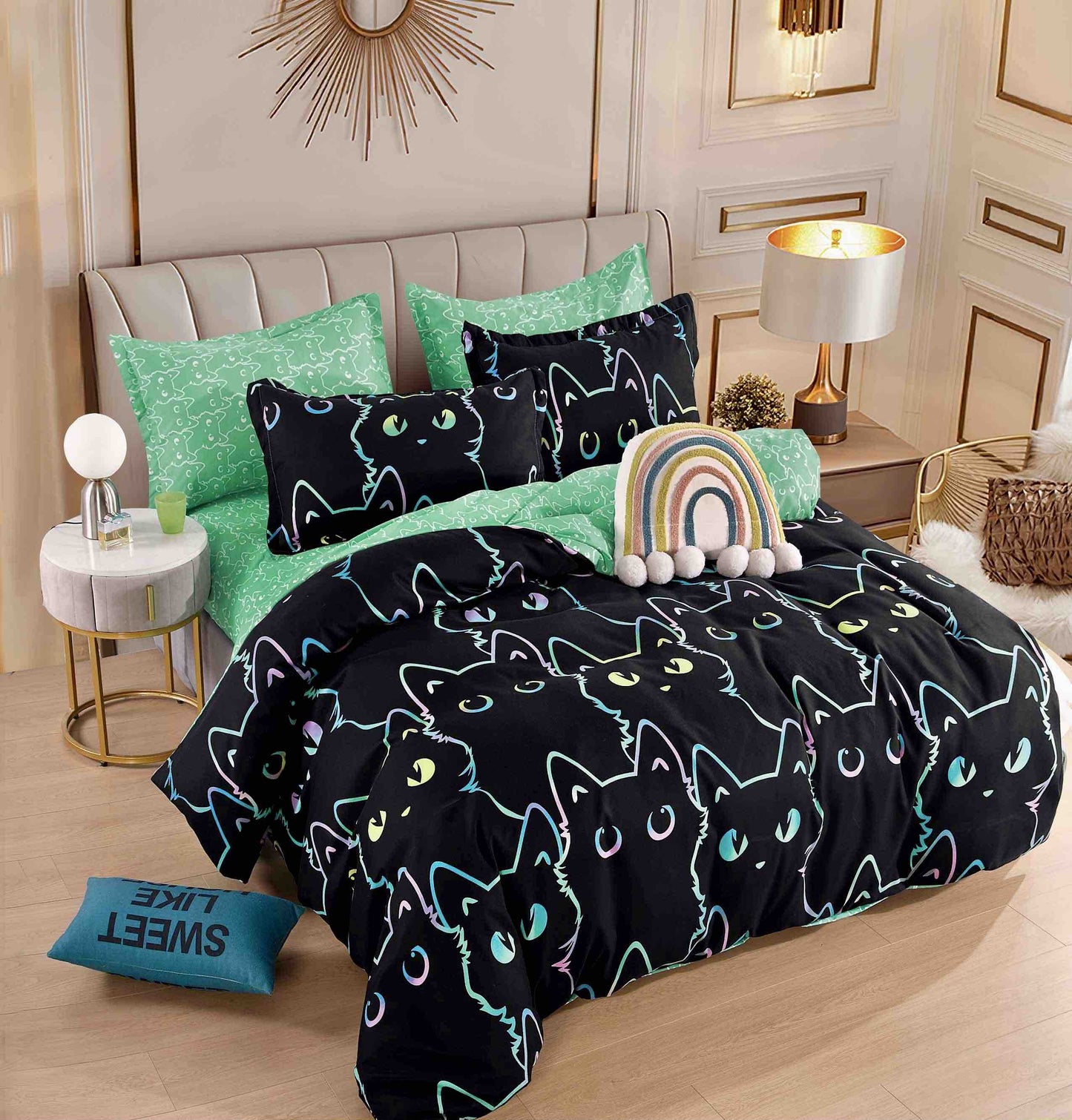 Set Lenjerie de Pat din Bumbac Tip Finet, Fără Elastic – 6 Piese – Pisici Negre