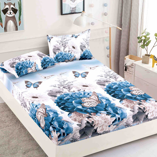 Husă de Pat cu Elastic din Finet + 2 Fețe de Pernă – Set 3 Piese, 180x200 cm – Flori Albastre