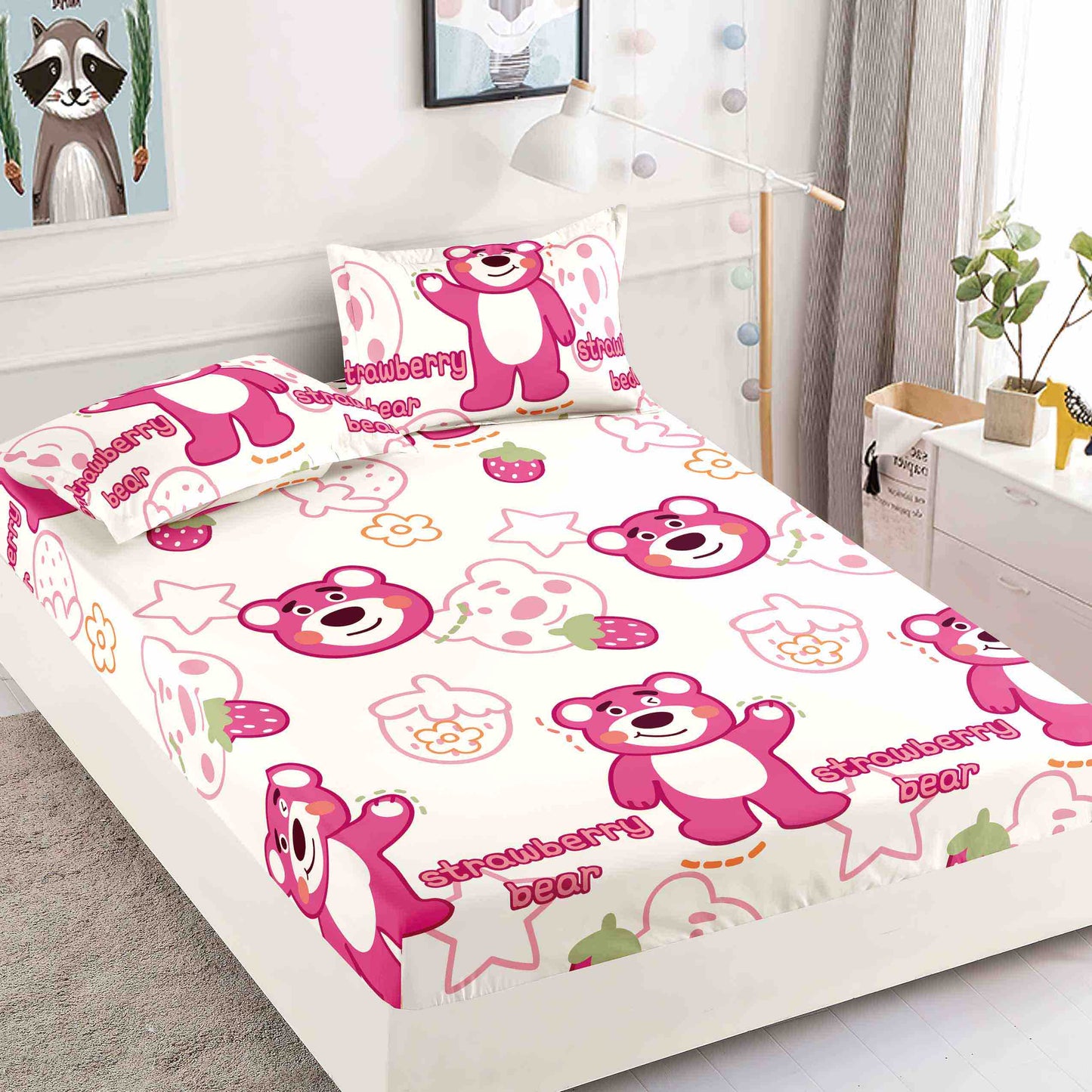 Husă de Pat cu Elastic din Finet + 2 Fețe de Pernă – Set 3 Piese, 180x200 cm – Ursuleț Roz
