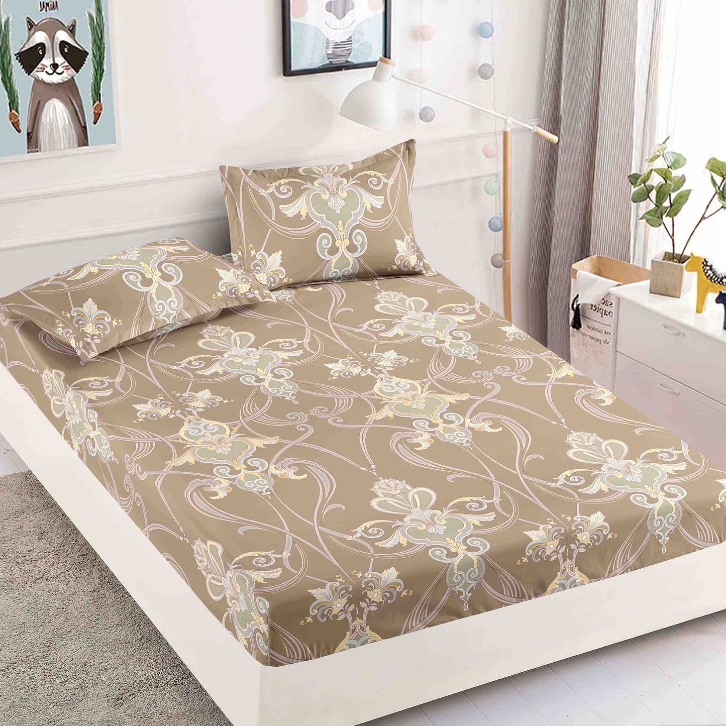 Husă de Pat cu Elastic din Finet + 2 Fețe de Pernă – Set 3 Piese, 180x200 cm – Regal Bej