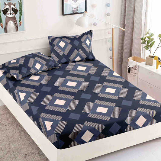 Husă de Pat cu Elastic din Finet + 2 Fețe de Pernă – Set 3 Piese, 180x200 cm – Mozaic Bleumarin