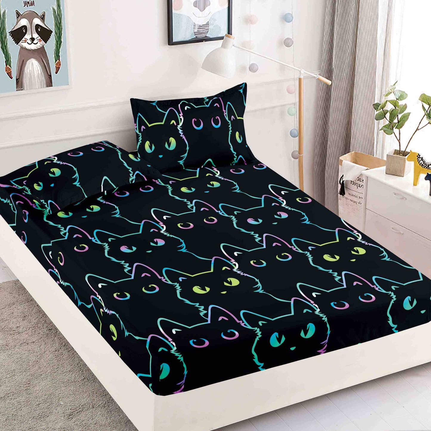 Husă de Pat cu Elastic din Finet + 2 Fețe de Pernă – Set 3 Piese, 180x200 cm – Pisici Neon