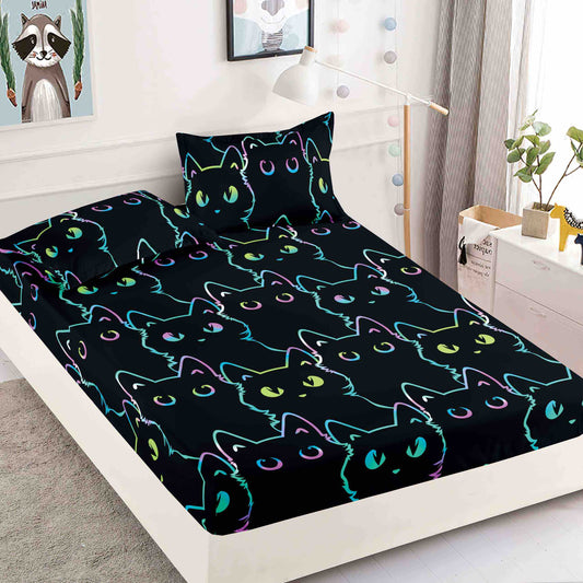 Husă de Pat cu Elastic din Finet + 2 Fețe de Pernă – Set 3 Piese, 180x200 cm – Pisici Neon