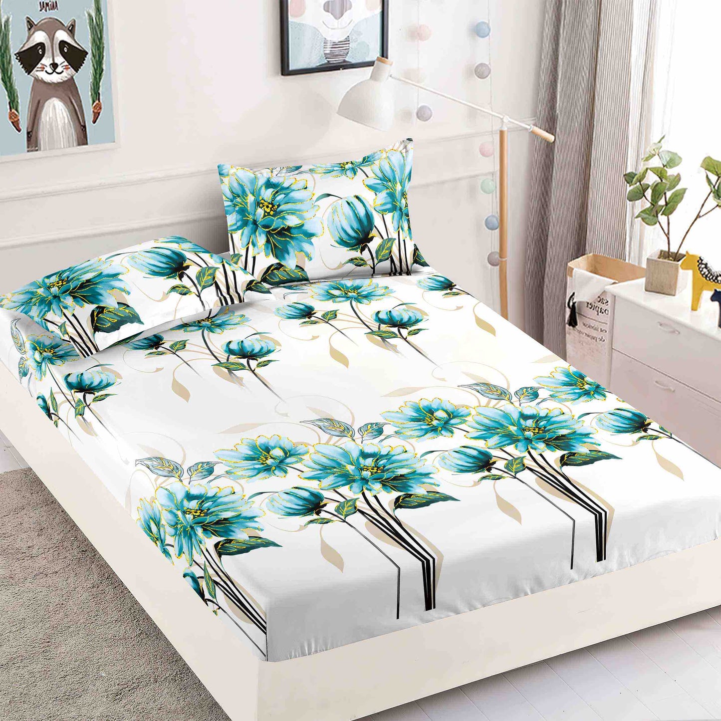 Husă de Pat cu Elastic din Finet + 2 Fețe de Pernă – Set 3 Piese, 180x200 cm – Azur